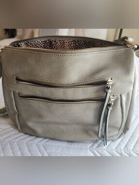 Womens Gray Faux Leather Crossbody Bag with Gold-tone Accents